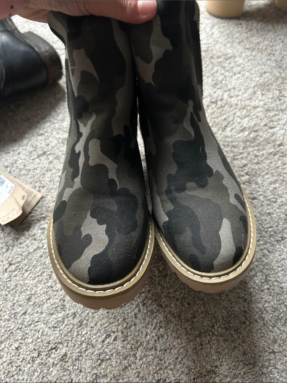 Nicole Miller Olive and Black Camo Platform Ankle Boots